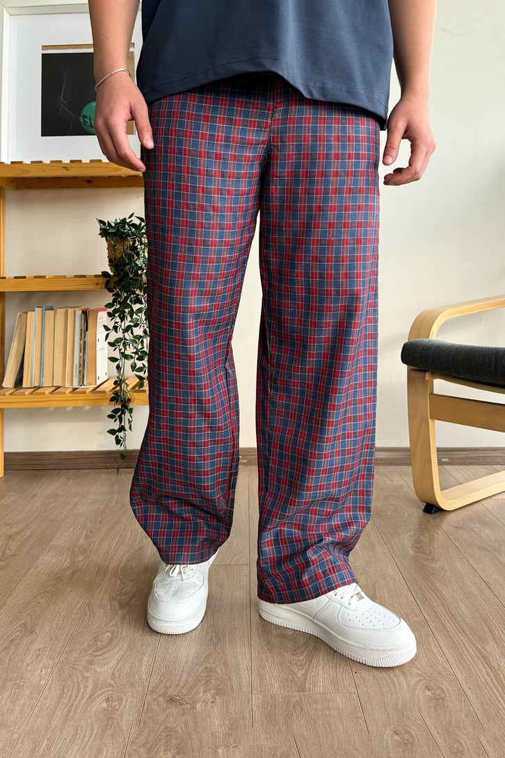 Ekose Desen Lacivert Kırmızı Baggy Pijama