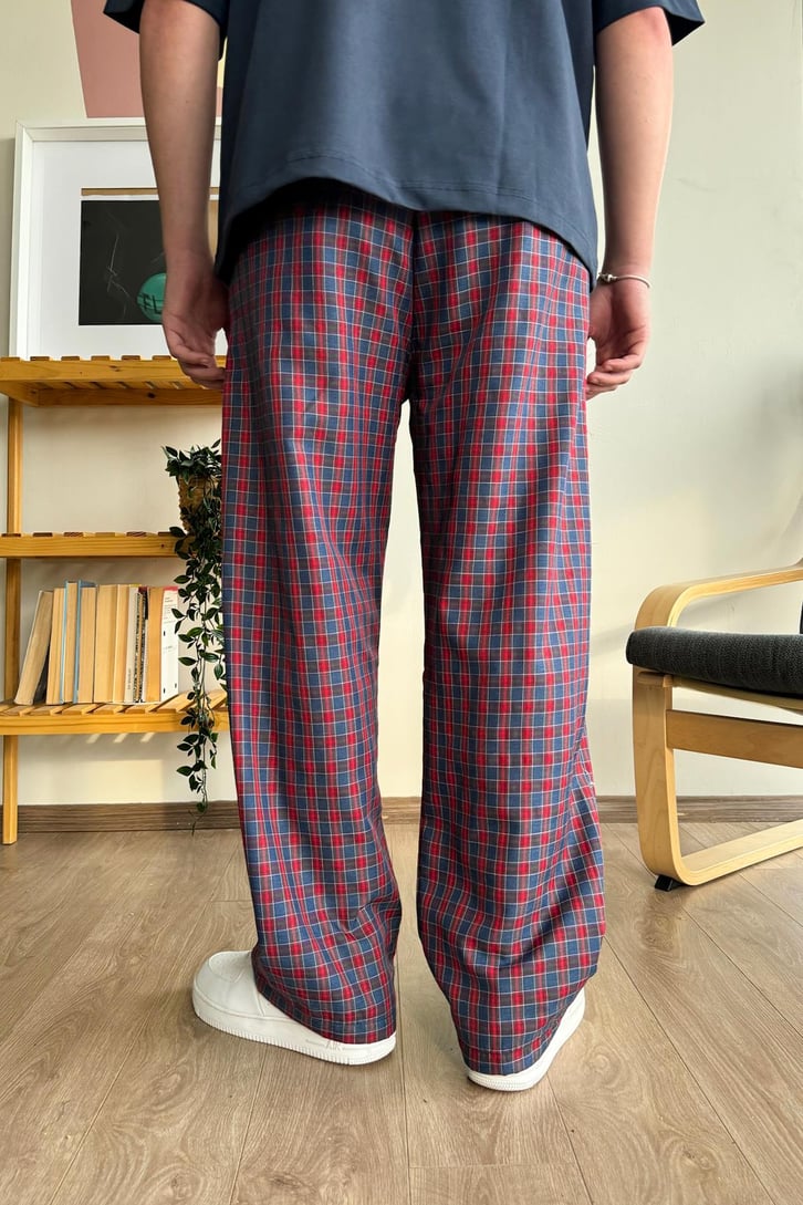 Ekose Desen Lacivert Kırmızı Baggy Pijama