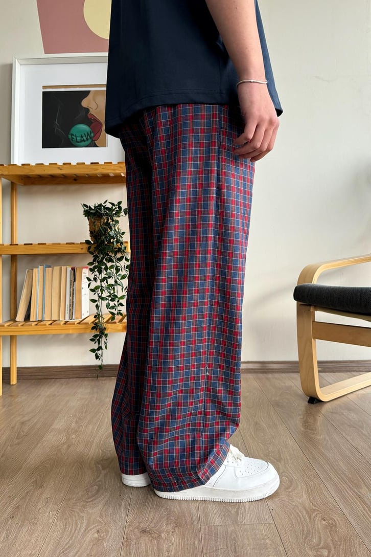 Ekose Desen Lacivert Kırmızı Baggy Pijama
