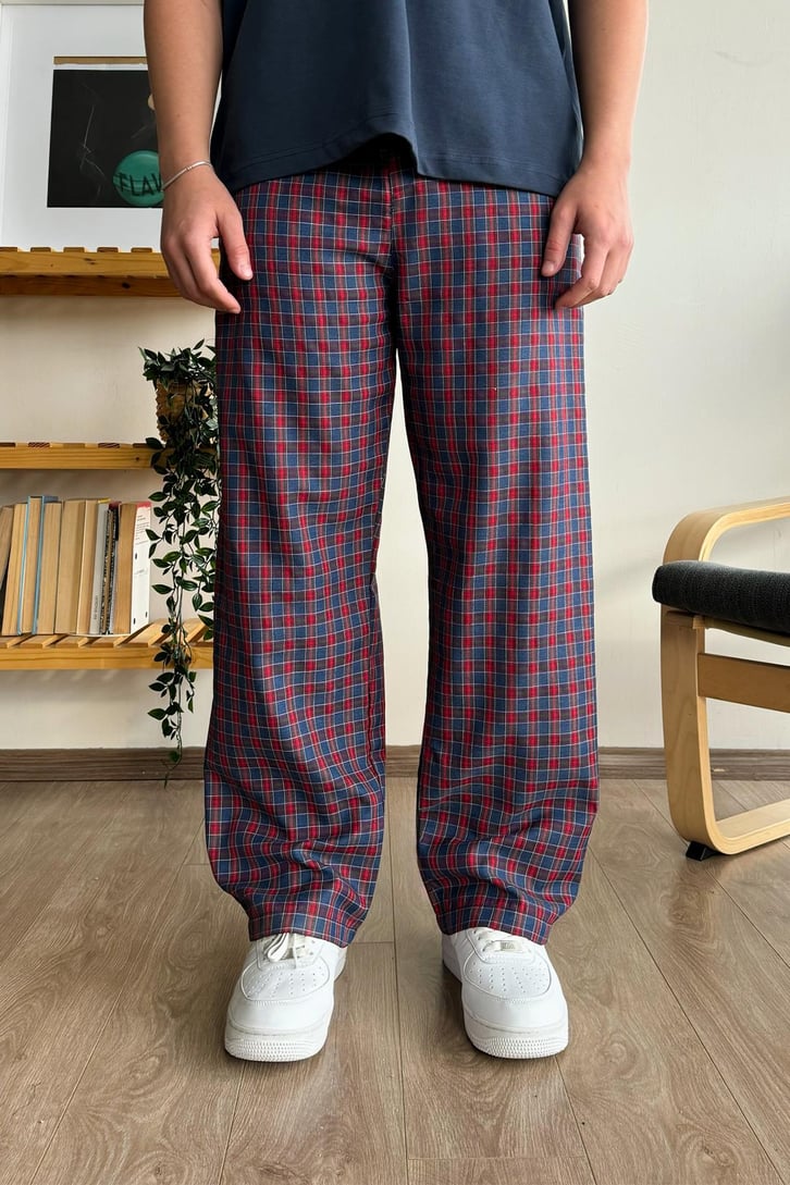 Ekose Desen Lacivert Kırmızı Baggy Pijama