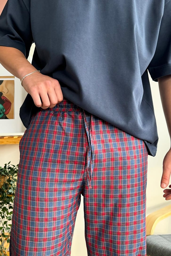 Ekose Desen Lacivert Kırmızı Baggy Pijama