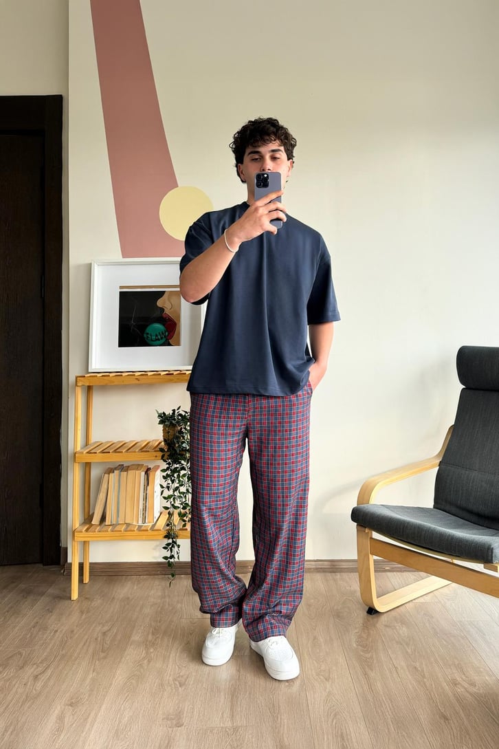 Ekose Desen Lacivert Kırmızı Baggy Pijama