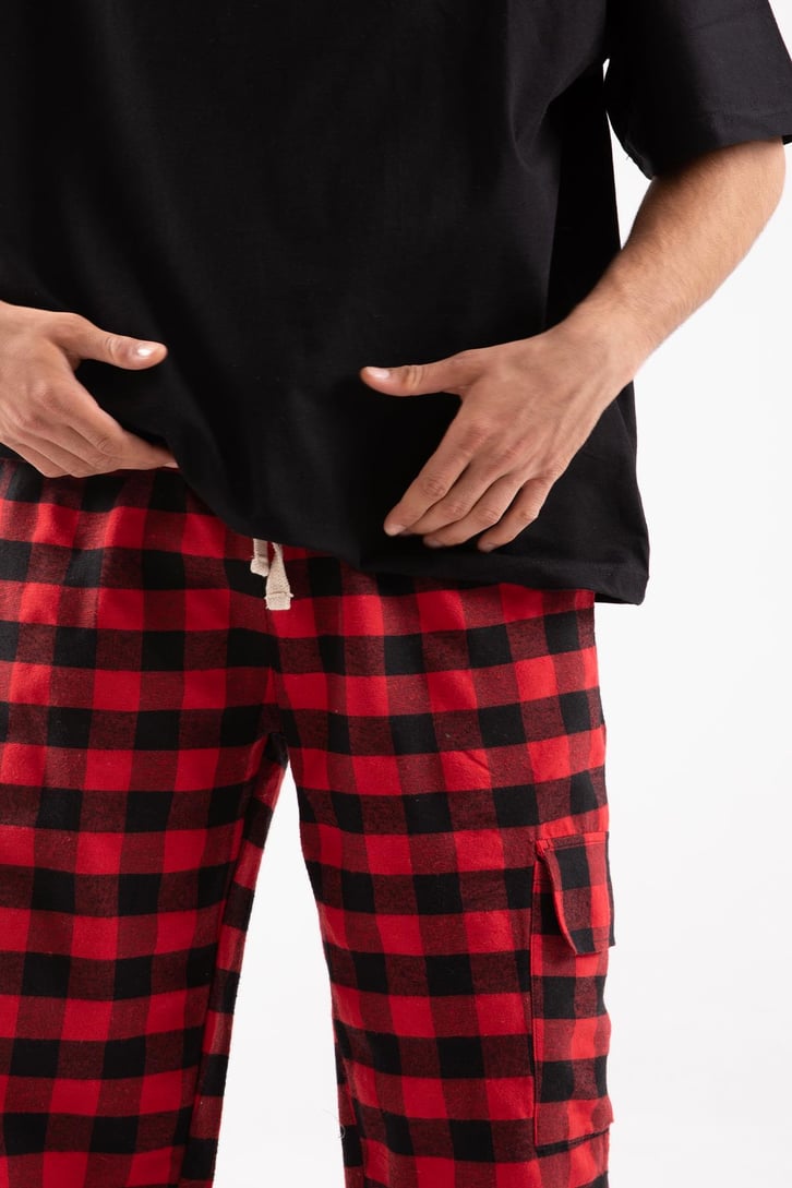 Ekose Desenli Kargo Cepli Kırmızı Pijama