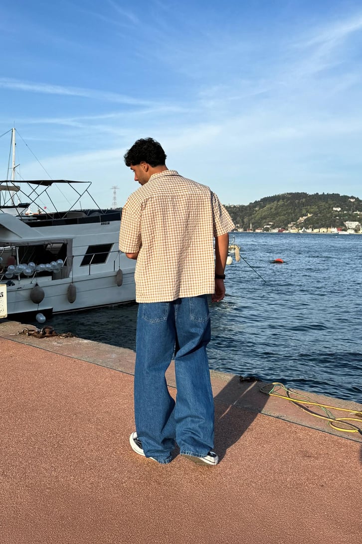 Ekose Oversize Bej Kısa Kol Gömlek