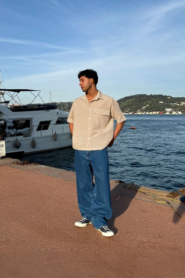 Ekose Oversize Bej Kısa Kol Gömlek