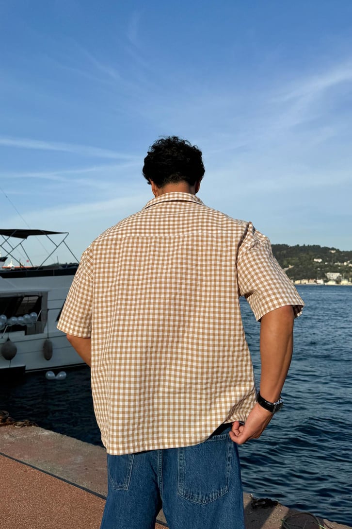Ekose Oversize Bej Kısa Kol Gömlek