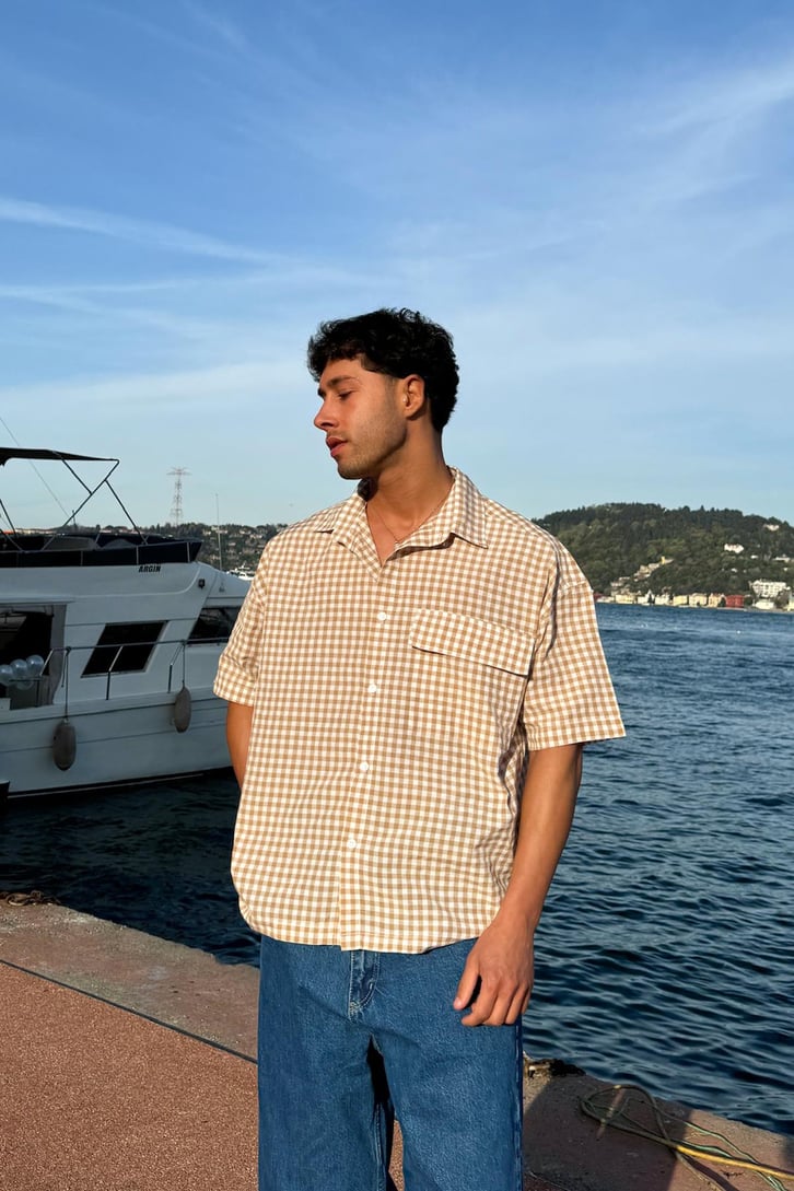 Ekose Oversize Bej Kısa Kol Gömlek