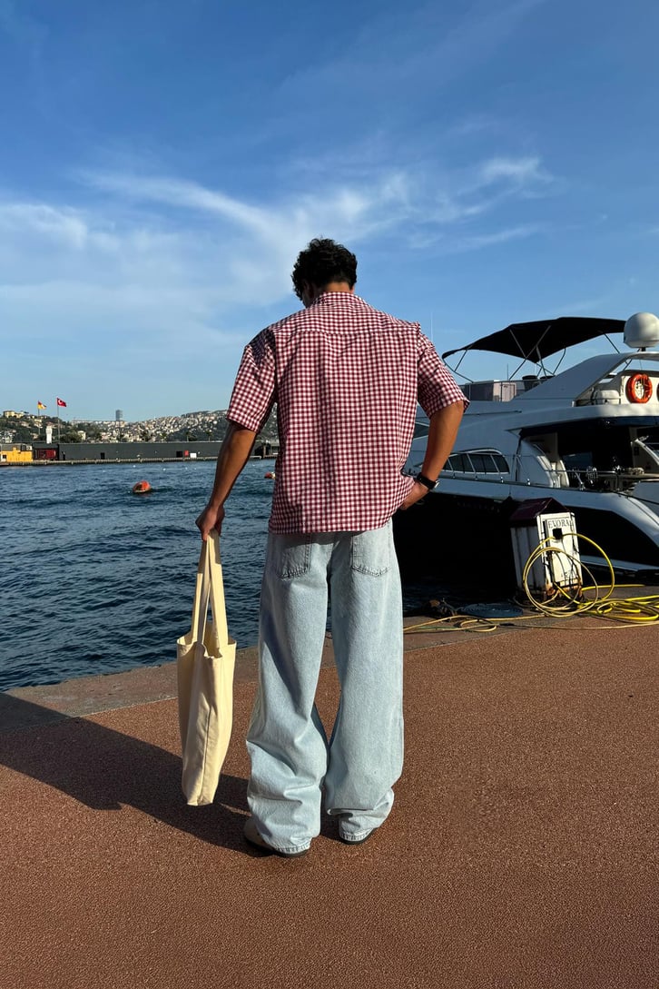 Ekose Oversize Kırmızı Kısa Kol Gömlek
