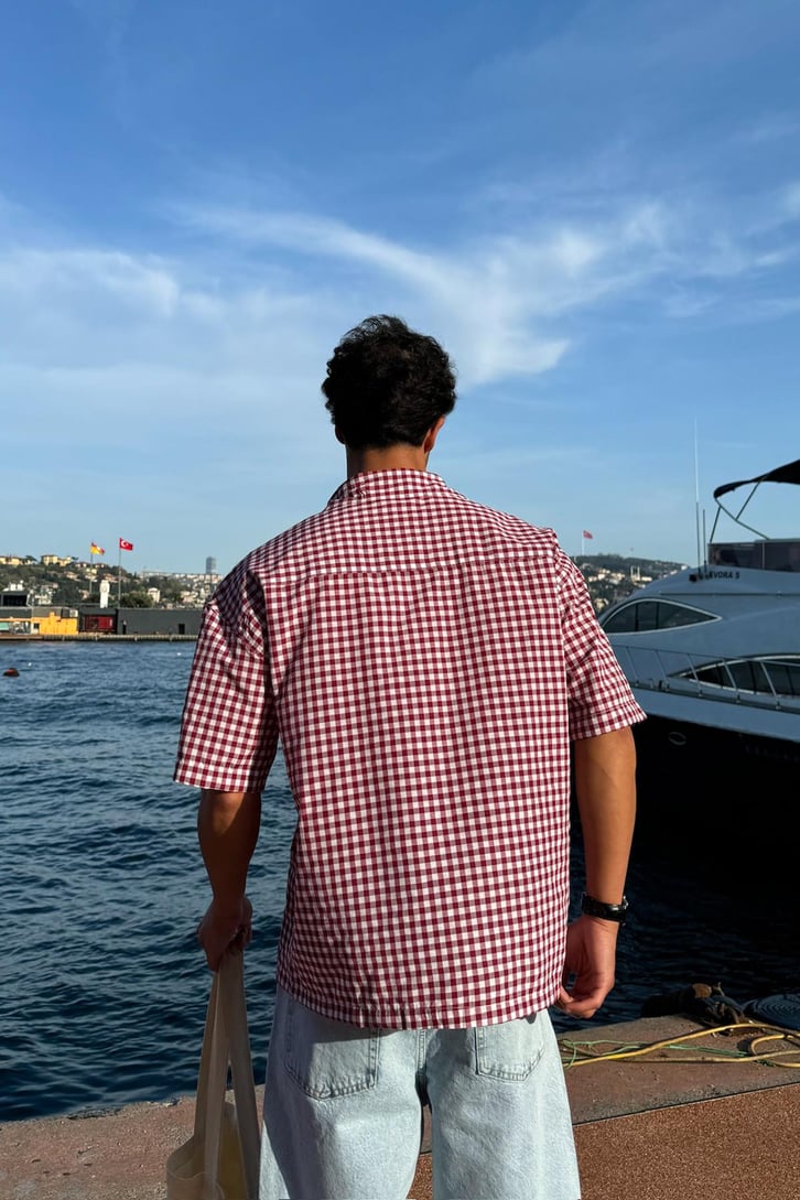 Ekose Oversize Kırmızı Kısa Kol Gömlek