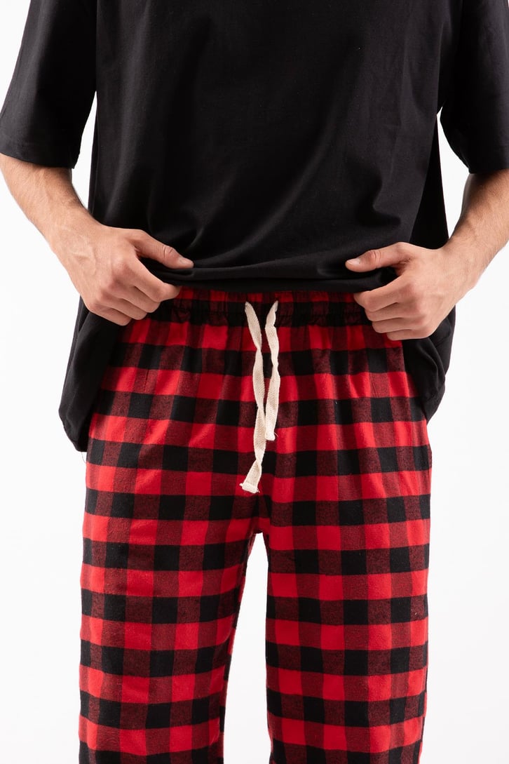 Ekoseli Bel İpli Kırmızı Pijama