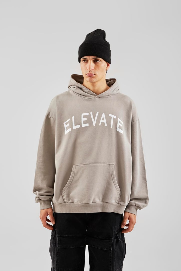 Elevate Baskılı Buz Gri Oversize Hoodie