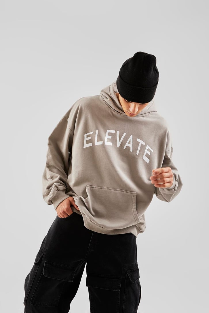 Elevate Baskılı Buz Gri Oversize Hoodie