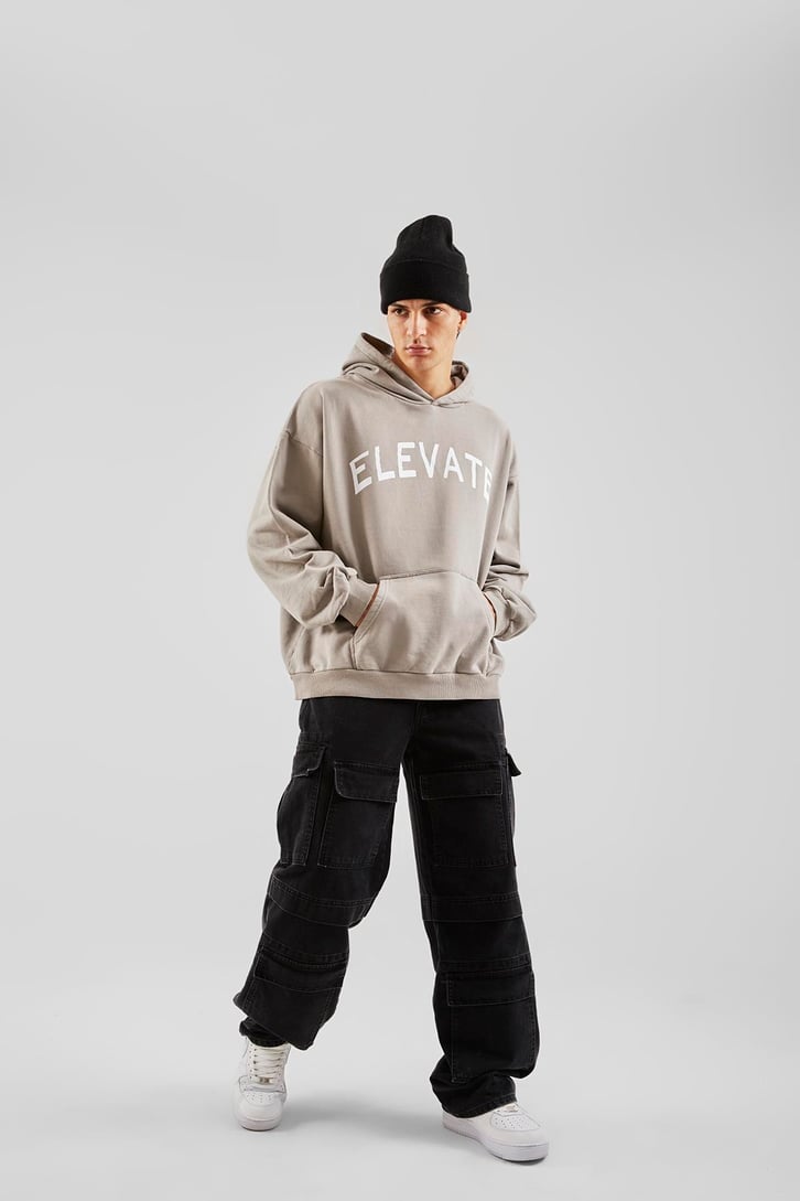 Elevate Baskılı Buz Gri Oversize Hoodie