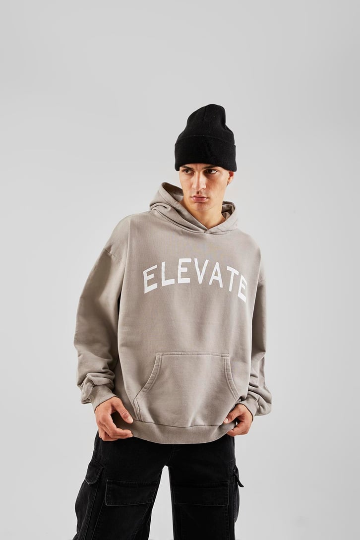 Elevate Baskılı Buz Gri Oversize Hoodie