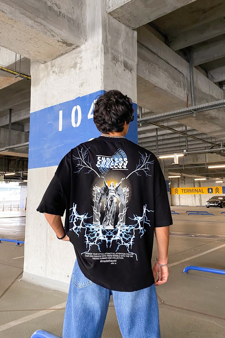 Endless Statue Baskılı Siyah Super Oversize Tshirt