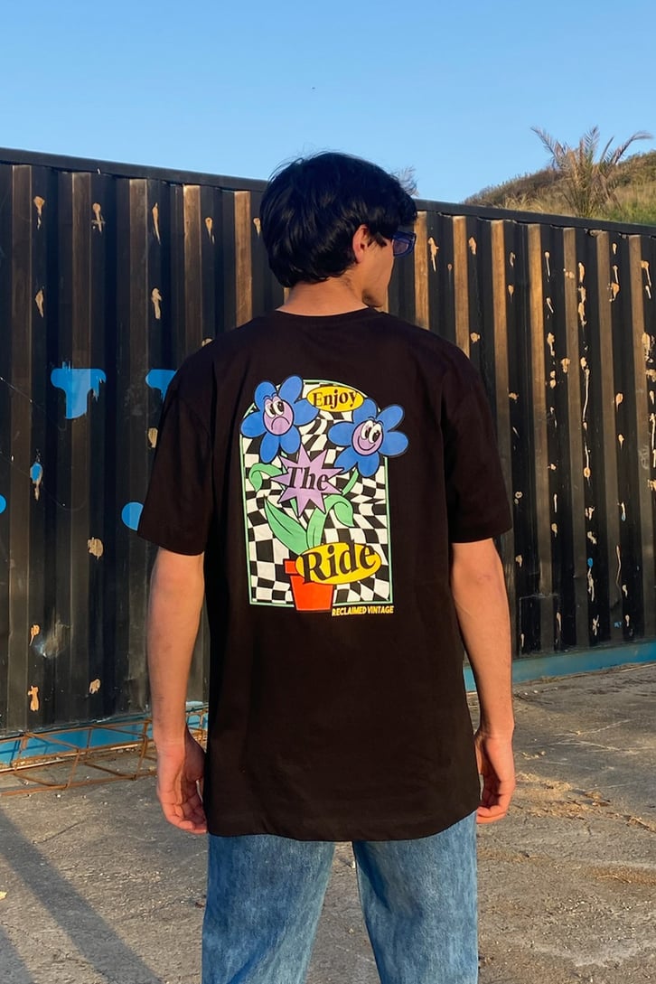 Enjoy the Ride Baskılı Siyah Oversize Tshirt