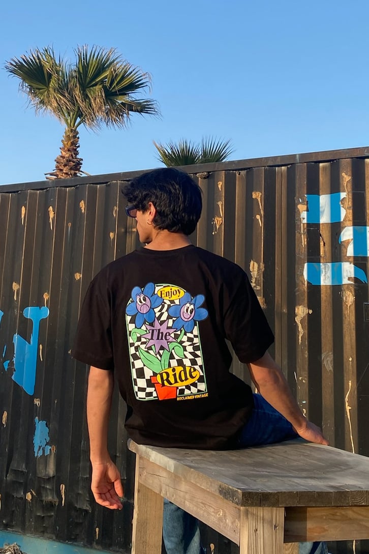 Enjoy the Ride Baskılı Siyah Oversize Tshirt