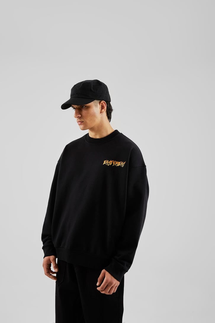 Enjoyment Baskılı Siyah Oversize Sweatshirt