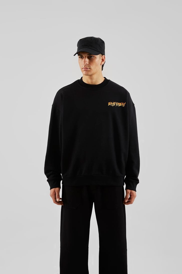 Enjoyment Baskılı Siyah Oversize Sweatshirt