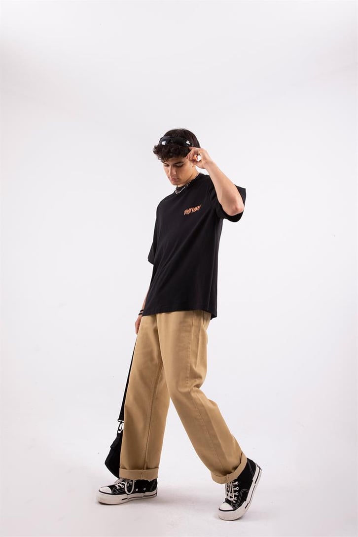 Enjoyment Baskılı Siyah Oversize Tshirt