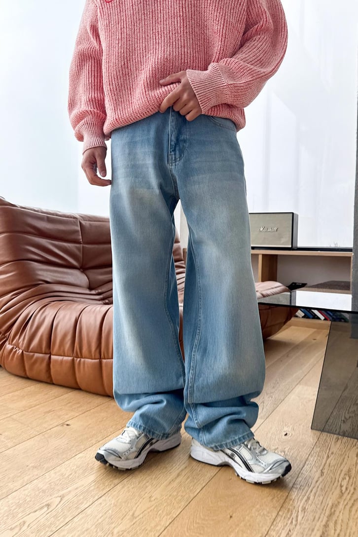 Eskitme Detay Çizgili Baggy Jean