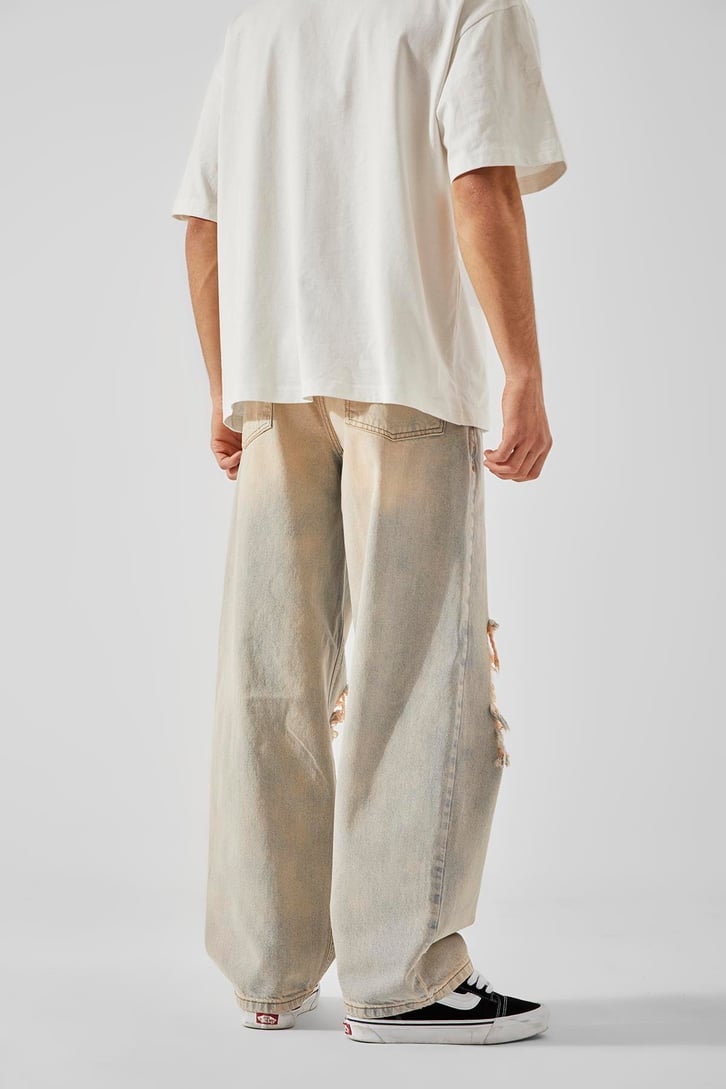 Eskitme Yırtık Detaylı Acid Wash Baggy Jean