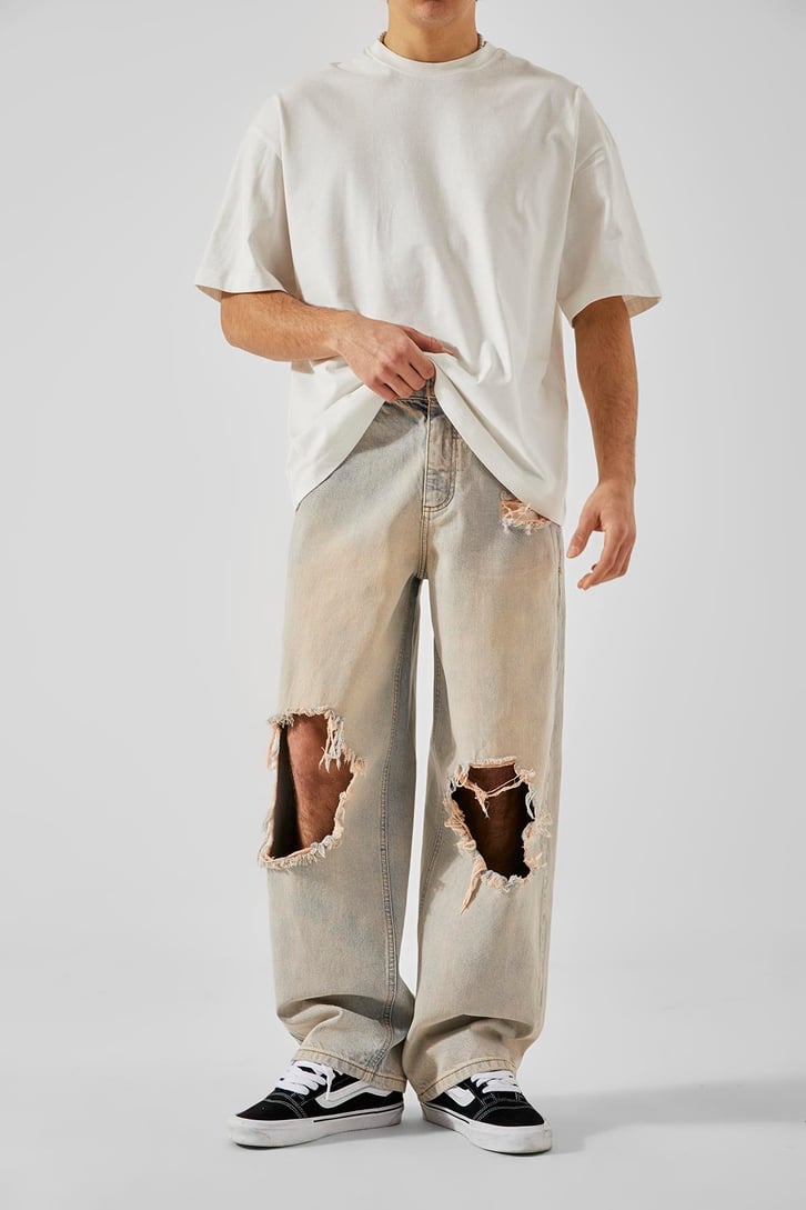 Eskitme Yırtık Detaylı Acid Wash Baggy Jean