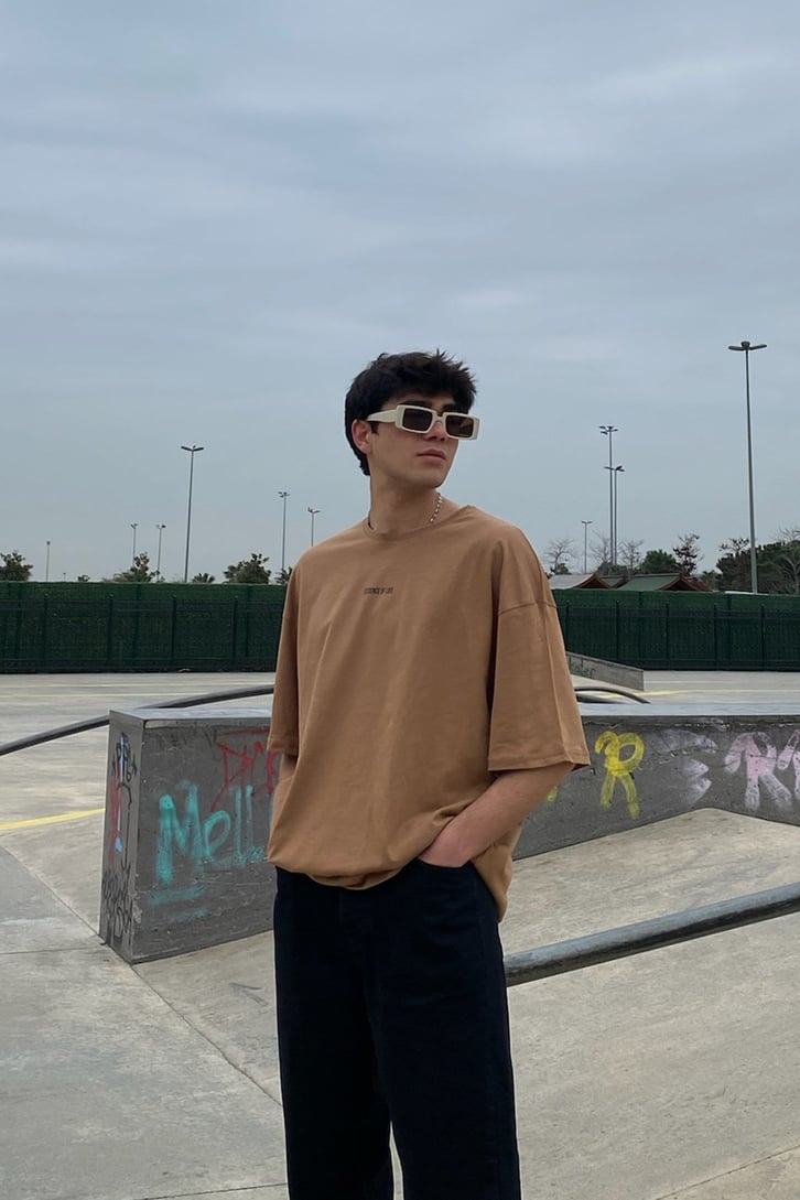Essence Of Life Printed Oversize Brown Tshirt
