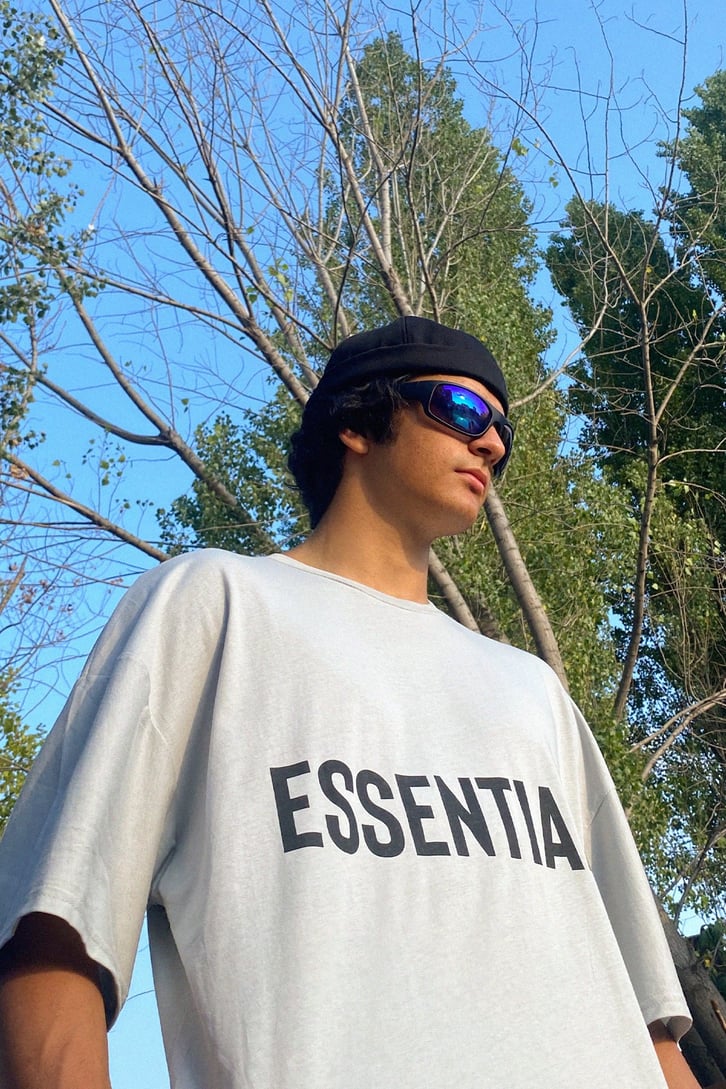 Essentials Baskılı Gri Oversize Tshirt