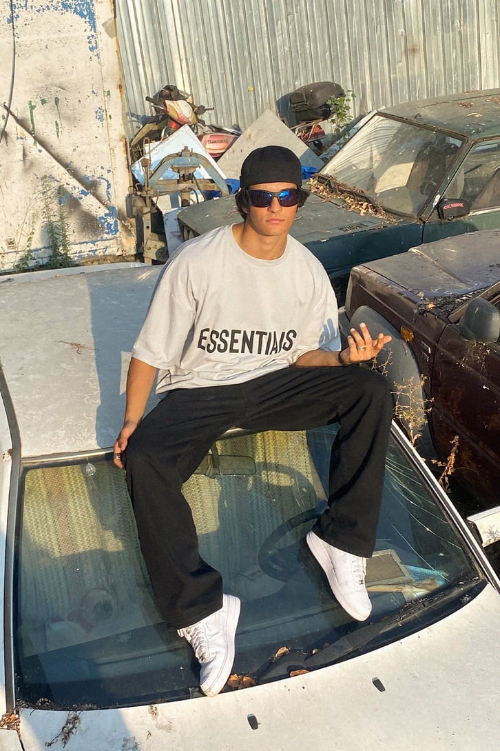 Essentials Baskılı Gri Oversize Tshirt