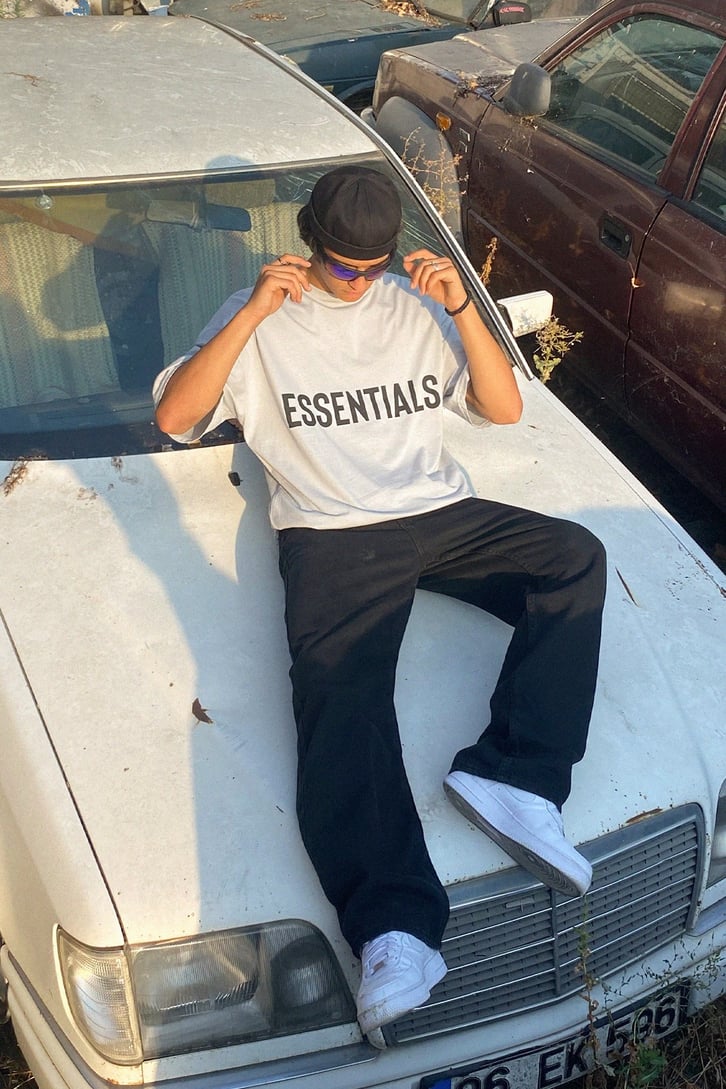 Essentials Baskılı Gri Oversize Tshirt