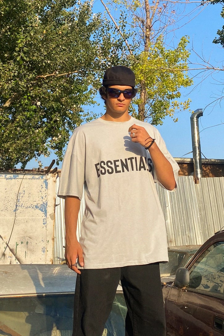 Essentials Baskılı Gri Oversize Tshirt