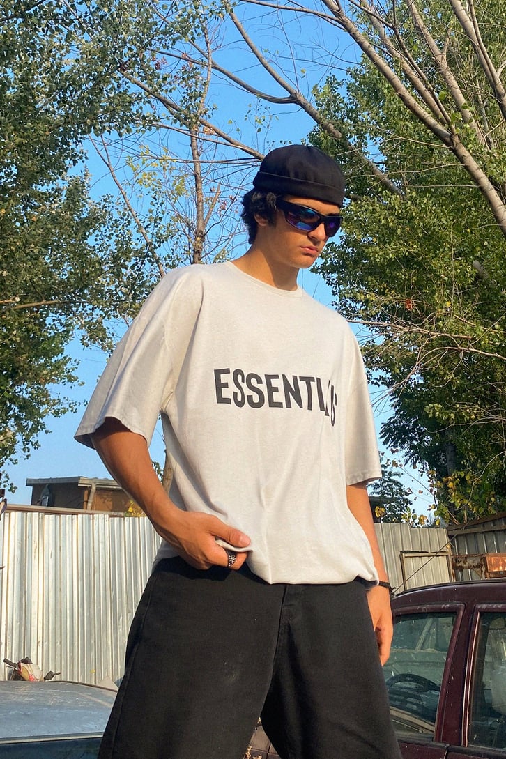 Essentials Baskılı Gri Oversize Tshirt