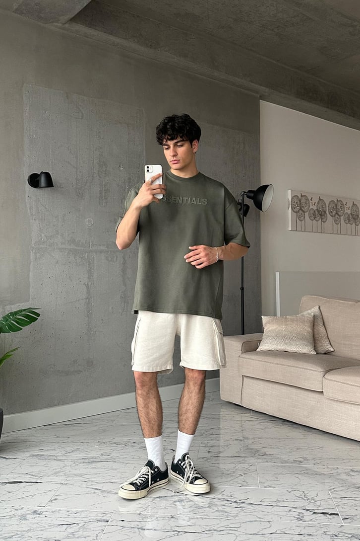Essentials Kabartma Baskılı Haki Oversize Tişört