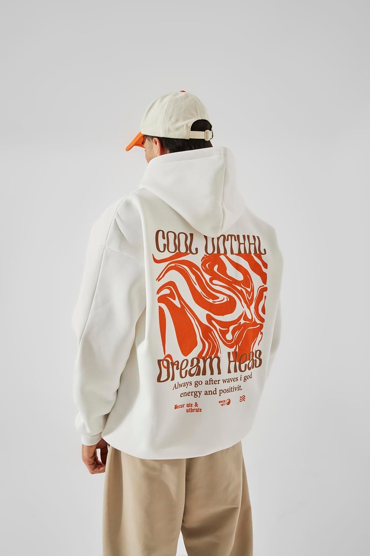 EST.71 Baskılı Beyaz Oversize Hoodie