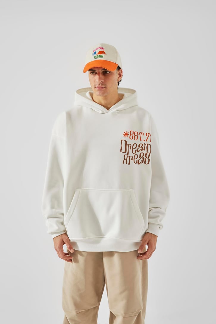EST.71 Baskılı Beyaz Oversize Hoodie