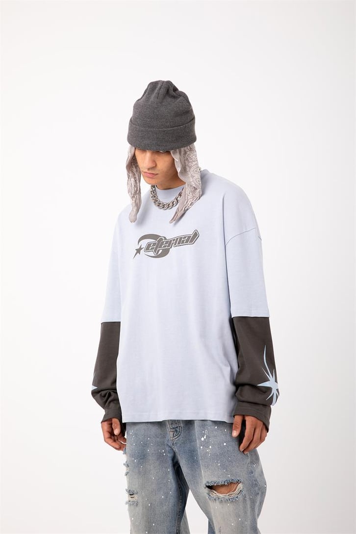 Eternal Baskılı Mavi Oversize Long Sleeve Tişört