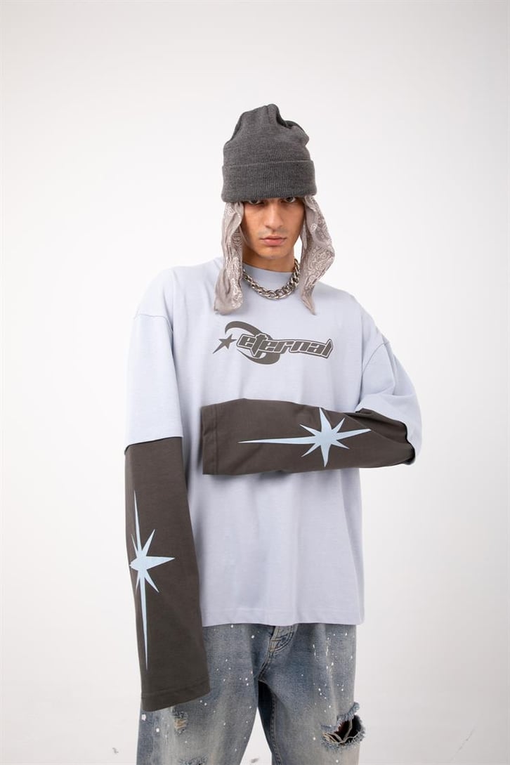 Eternal Baskılı Mavi Oversize Long Sleeve Tişört