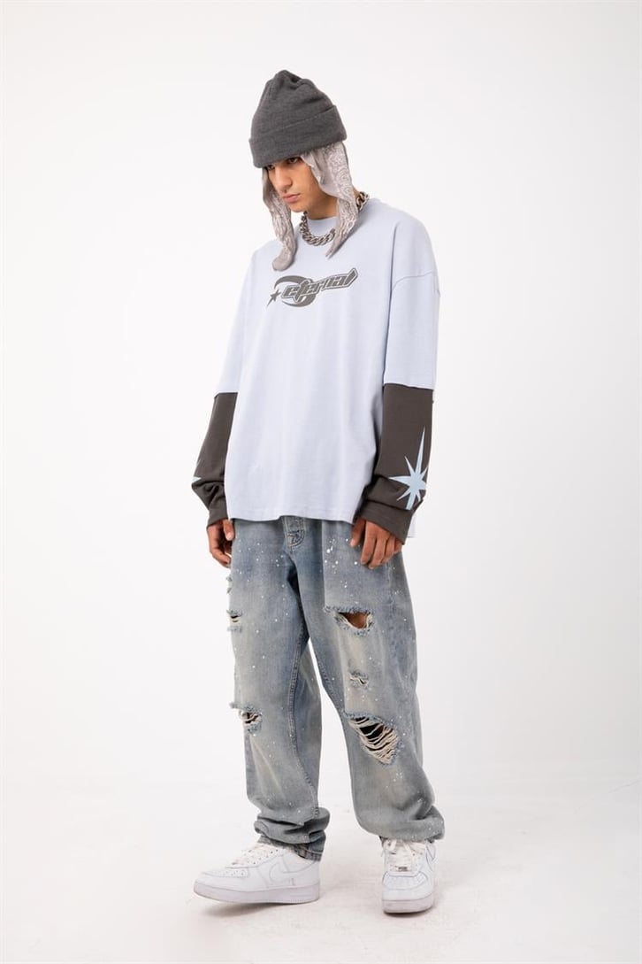 Eternal Baskılı Mavi Oversize Long Sleeve Tişört