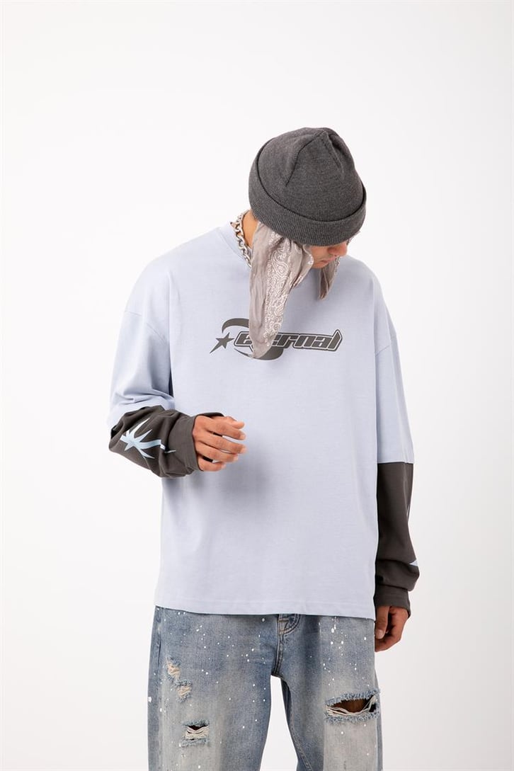 Eternal Baskılı Mavi Oversize Long Sleeve Tişört