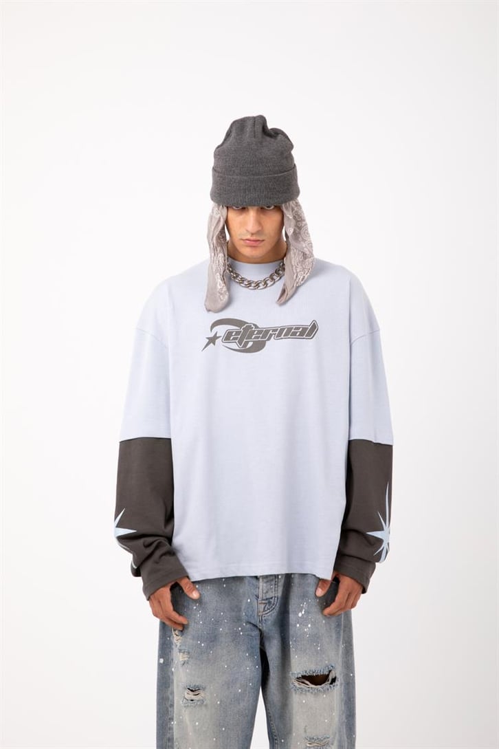 Eternal Baskılı Mavi Oversize Long Sleeve Tişört