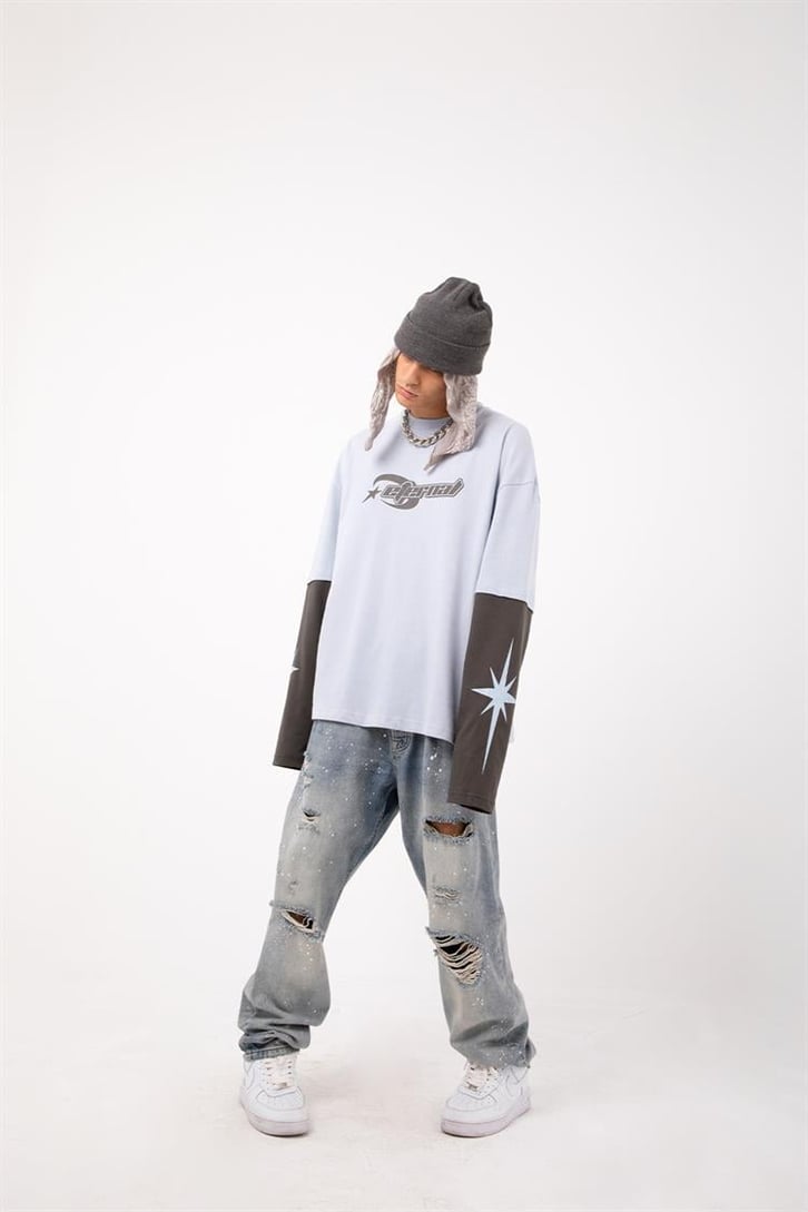 Eternal Baskılı Mavi Oversize Long Sleeve Tişört