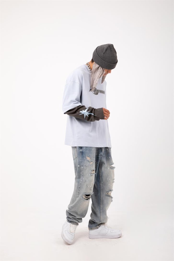 Eternal Baskılı Mavi Oversize Long Sleeve Tişört
