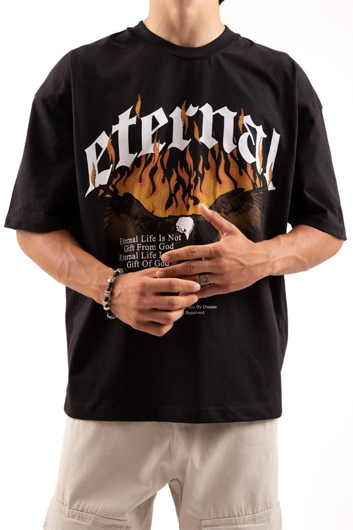 Eternal Eagle Baskılı Siyah Oversize Tişört