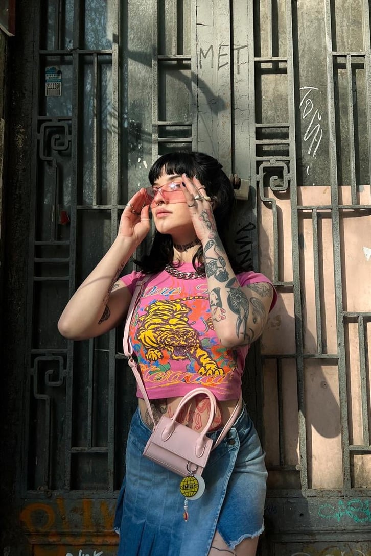 Eternal Tiger Baskılı Pembe Crop