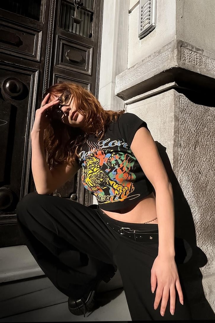 Eternal Tiger Siyah Baskılı Crop