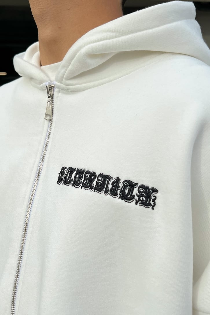 Eternity Nakışlı Beyaz Zipper Sweatshirt