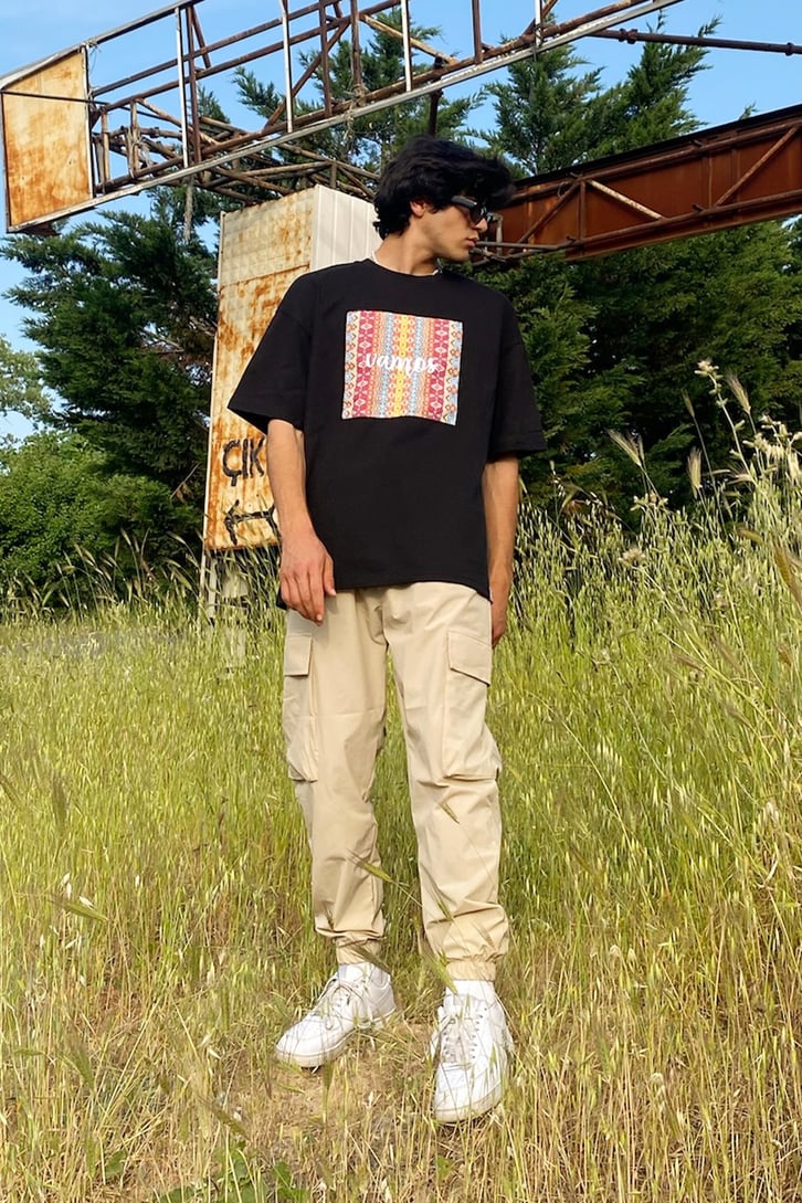 Ethnic Pattern Baskılı Siyah Oversize Tshirt