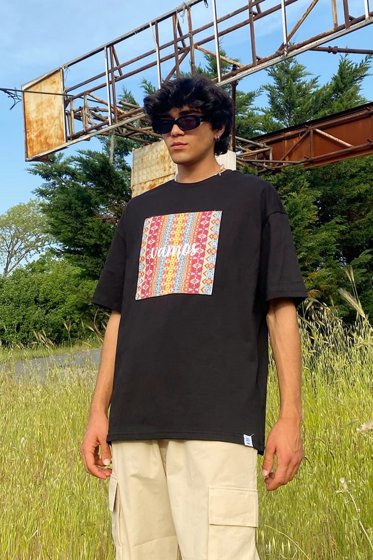 Ethnic Pattern Baskılı Siyah Oversize Tshirt