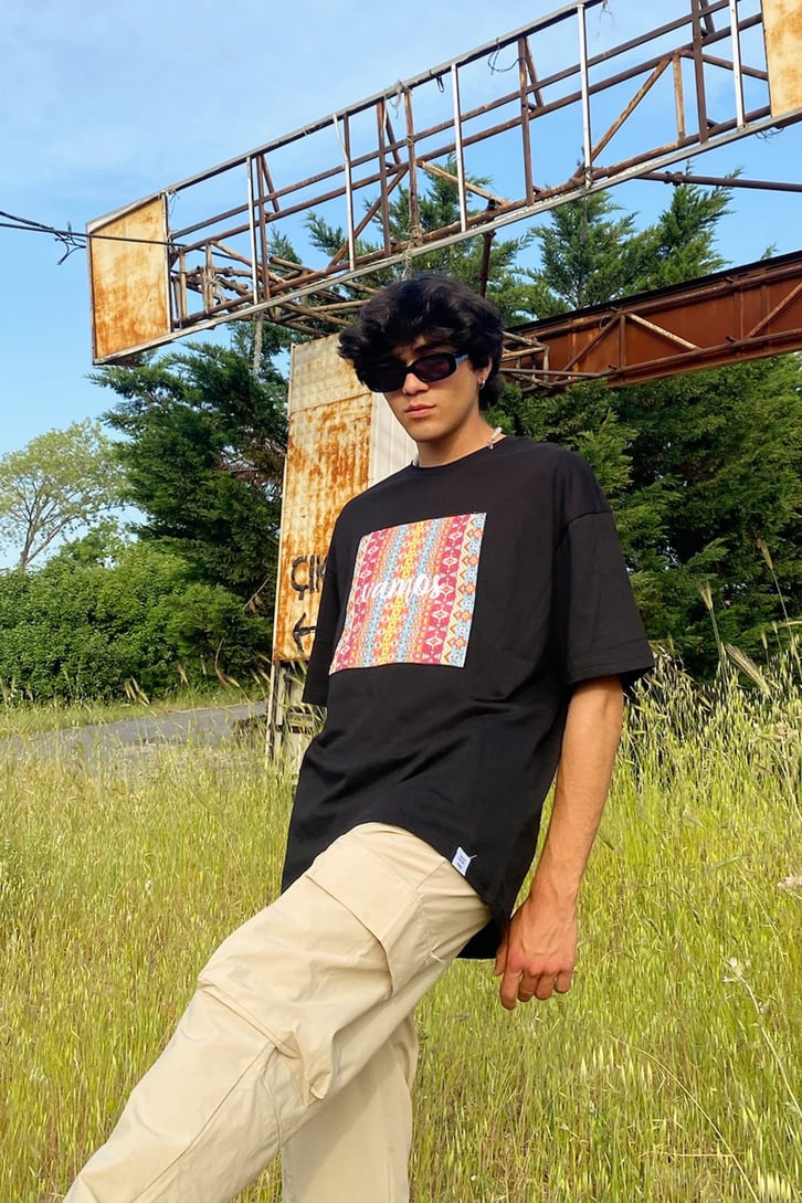 Ethnic Pattern Baskılı Siyah Oversize Tshirt